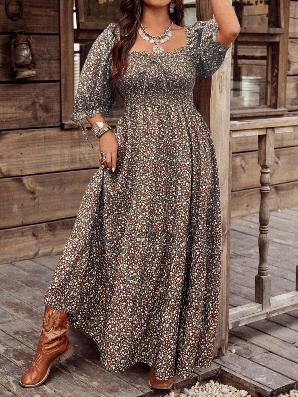 Brown & Cream Boho Women's Floral Print Long Sleeve Maxi Dress - Picture 4 of 4